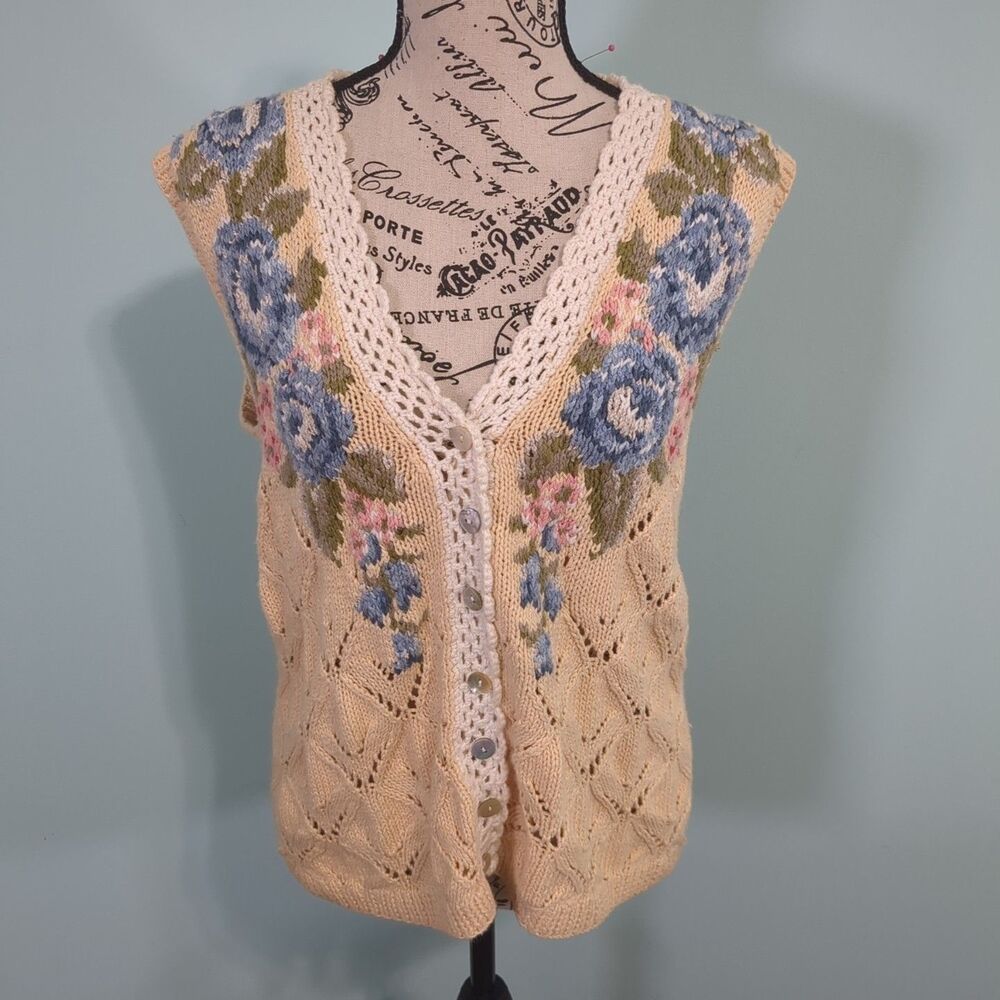Marisa Christina Vintage Floral Button Up Sweater Vest Cottagecore knitted smal